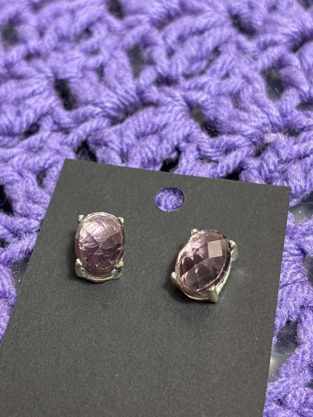 Purple Rhinestone Oval Stud Earrings 5/8 inch